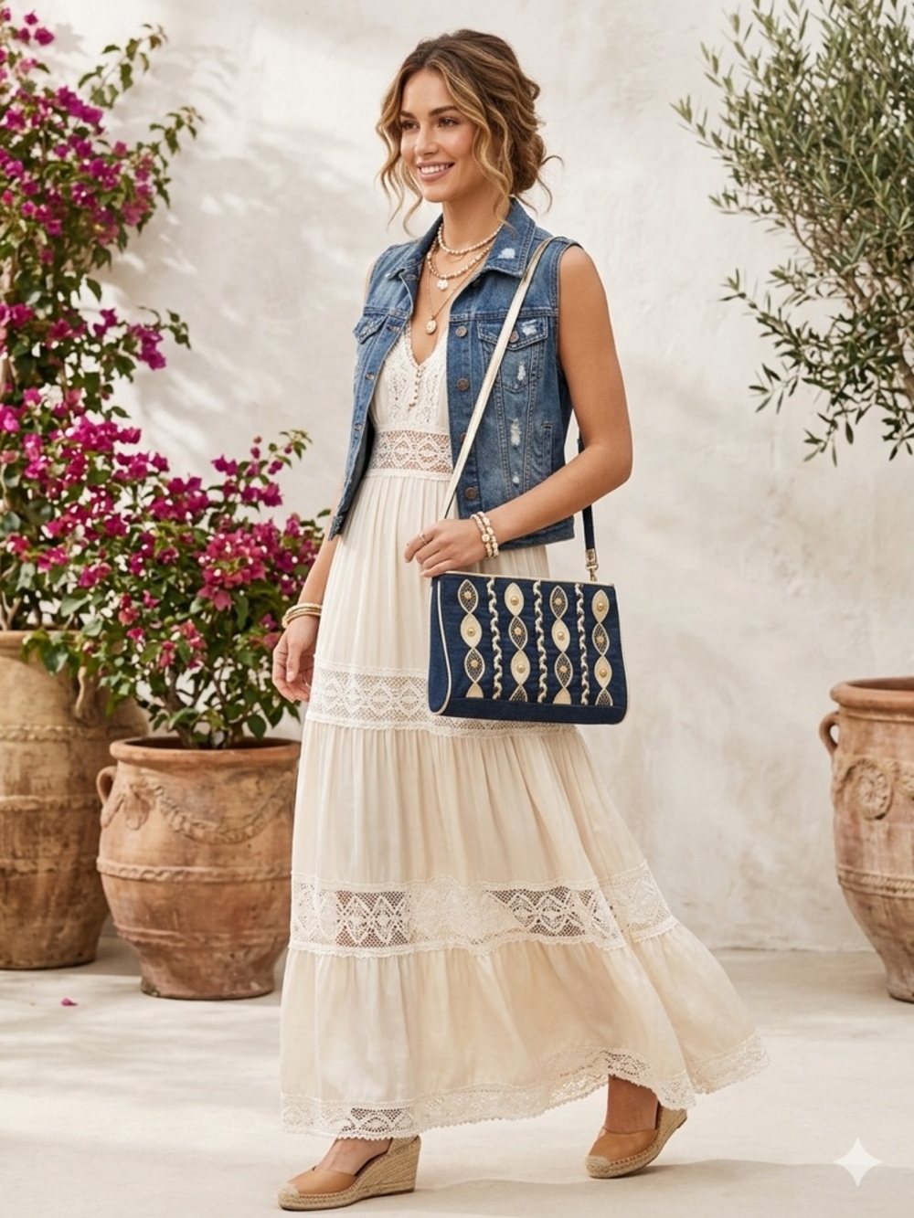 Boho Embroidered Navy Shoulder Bag